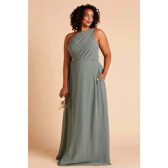 NWT Birdy Grey Kira Maxi Dress One Shoulder High Slit Side Pocket Sea Glass L - Picture 8 of 12